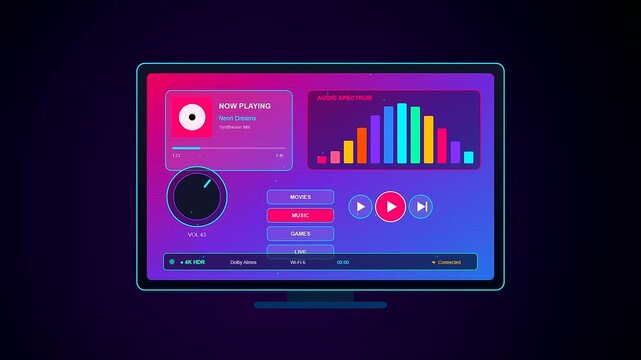 A sleek and futuristic Home Entertainment UI displays a vibrant neon interface as the selection cursor navigates through various multimedia options on a screen