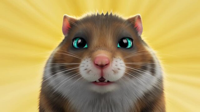 Cute hamster face with big blue eyes and golden rays