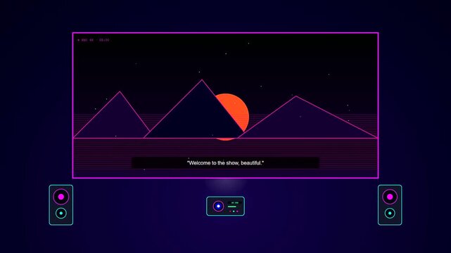 Experience a sophisticated Home Entertainment UI featuring an evolving synthwave landscape with transitioning solar gradients and vibrant neon accents across a high fidelity audio setup