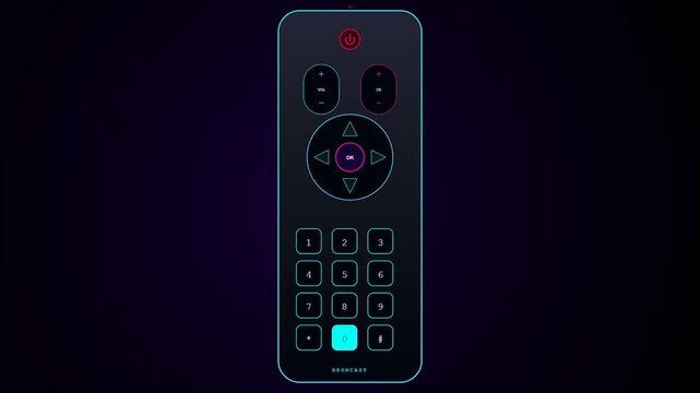 A futuristic home entertainment UI featuring a glowing neon remote control shifting active numeric buttons across a dark void for a sleek digital experience