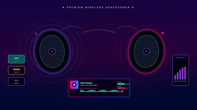 A futuristic Home Entertainment UI displaying dynamic audio visualization and noise cancellation settings for high-end wireless headphones featuring glowing neon accents and immersive digital controls