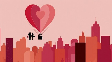 Fototapeta premium Romantic cityscape illustration with heart-shaped hot air balloon, symbolizing love and connection above a modern urban skyline, offering copy space for heartfelt messages.
