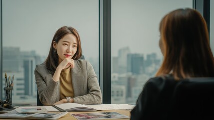 Obraz premium Female diversity. Human rights, equal opportunity concept. A professional, sideprofile portrait of two women in an office setting. The woman on the left.