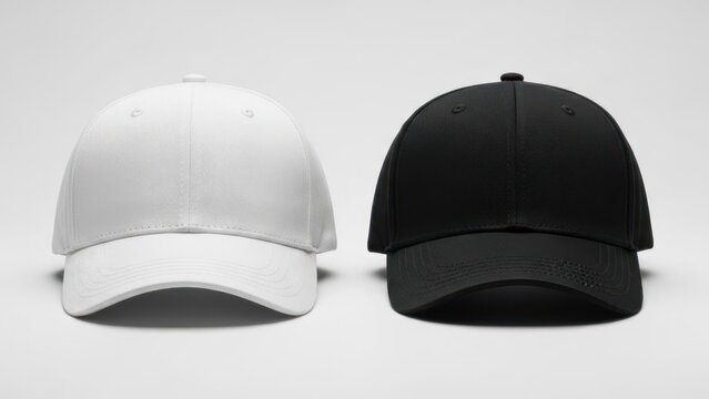 Two blank baseball caps, one white and one black, side by side, on a plain white background