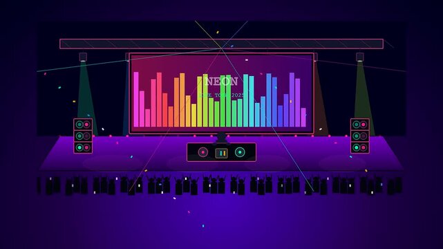 A futuristic Home Entertainment UI featuring a pulsating neon audio visualizer and rhythmic light shows over a crowd of dancing silhouettes in a virtual club