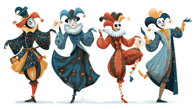 Playful Jesters in Parade: A quartet of whimsical jesters dances with glee, their vibrant costumes and jovial expressions filling the air with mirth and delight.