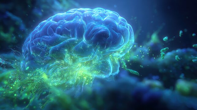 Artificial intelligence. Neuron network. A vivid digital artwork depicts a detailed, intricately detailed representation of a human brain. The brain is rendered in a gradient of blue and green hues.