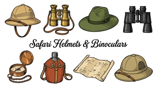 Vintage Safari and Adventure Equipment Set: Pith Helmets, Binoculars, Compass, Map, and Water Canteen. Retro Hand-Drawn Outdoor Exploration Gear Vector Illustration.