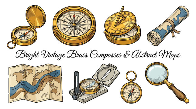Set of Vintage Navigation Tools featuring Brass Compasses, Antique World Maps, Sundial, and Magnifying Glass for Travel and Discovery. Vector Illustration Isolated on White Background.