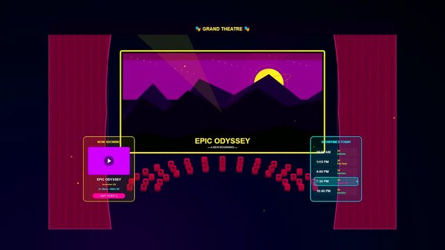 An immersive retro-futuristic Home Entertainment UI featuring a virtual cinema layout with vibrant synthwave landscapes and dynamic interactive scheduling panels for digital media consumption