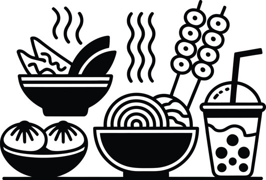 Local Street Food Vector Illustration Set
Traditional Asian Food Icon Collection
Hand Drawn Street Food Bowl and Drink Icons
Local Food Line Art Vector Design
Street Food Elements with Noodles and Dri