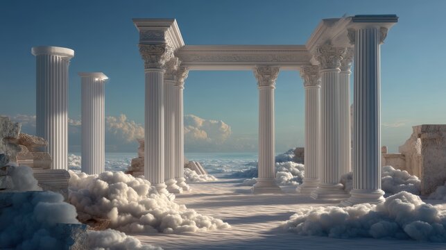 Space universe exploration, fantasy. A vivid portrayal of an ancient Greek or Roman temple, set against a backdrop of a vast expanse of sky and sea. The temple is composed of tall.