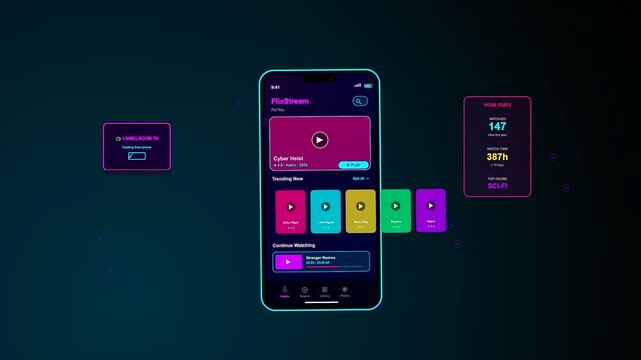 A futuristic Home Entertainment UI displays dynamic streaming data and movie selections through a vivid neon interface on a sleek mobile device for digital users