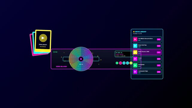 A futuristic Home Entertainment UI featuring neon holographic interfaces and a vibrant cinematic library navigation system floating against a dark cosmic digital abyss background
