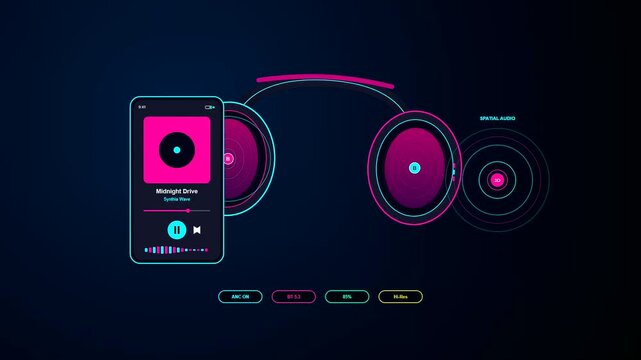 An intricate Home Entertainment UI featuring pulsating neon waves and futuristic audio visualization across a sleek smartphone and wireless headphones for high fidelity listening experiences
