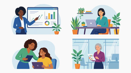 Fototapeta premium Diverse women in various work scenarios, highlighting professional settings and collaborative environments