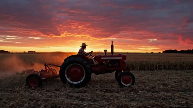 Farmer drives tractor during sunset at VSRExport farm in open field while carrying out daily work
