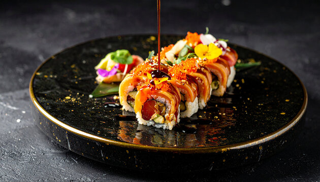 Exquisite sushi rolls meticulously arranged on a dark plate, with a rich sauce elegantly drizzled, highlighting gourmet Japanese cuisine