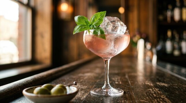 Pink coupe cocktail with basil garnish and large ice cube on wooden bar countertop for cocktail menu or bar banner