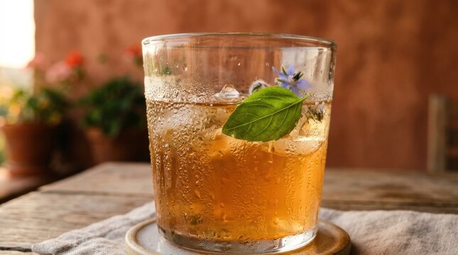 Iced herbal tea in a glass with basil leaf and condensation for beverage background and summer drink menu design