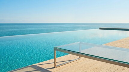 Fototapeta premium Minimalist infinity pool terrace with glass table overlooking calm ocean and horizon for luxury resort background and banner design