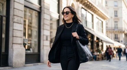 Obraz premium Stylish Woman in Black Outfit Walking Confidently on a European City Street.