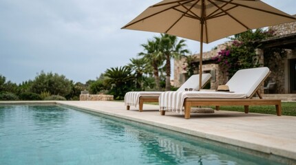 Obraz premium Two luxury lounge chairs with umbrella by villa pool edge for summer resort background and outdoor hospitality banner design