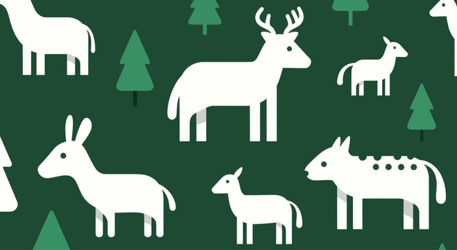 Cute White Deer and Forest Animals Pattern on Dark Green Background