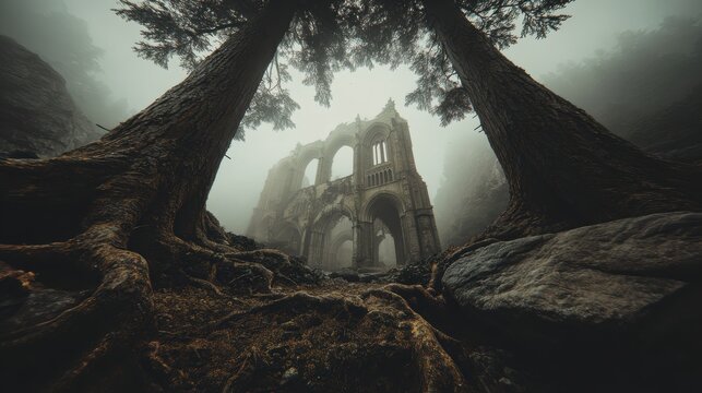 Fantasy wallpaper. Temple. A moody, atmospheric portrayal of a ruined, Gothicstyle cathedral amidst a dense forest. The cathedrals arches and windows are obscured by mist.