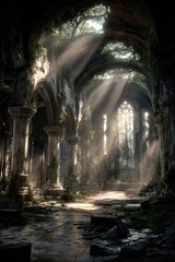 Naklejka premium Fantasy wallpaper. Temple. A detailed, atmospheric portrayal of an old, dilapidated church or cathedral. The main subject is a grand, arched corridor with intricate stone carvings and columns.