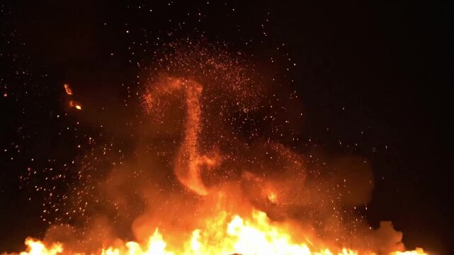 Large fire produces bright flames and rising ash in the night sky at a distant location