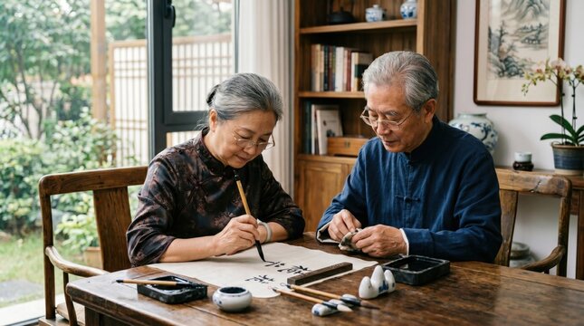 Elderly couple practicing traditional chinese calligraphy in a peaceful home setting