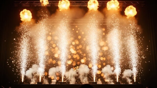 Stage with pyro, flames, and sparks at a performance, filled with warm, golden light