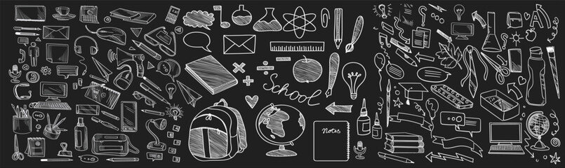 Chalk doodle school icon set on dark background for education themed design use. Hand drawn classroom objects, symbols, and elements in detailed outline style. Perfect for posters, infographics, apps, © Vivid Pixel Studio.