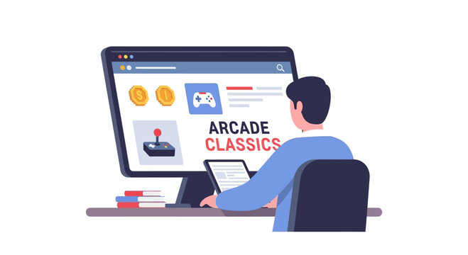 Gamer playing arcade classics online on computer, retro gaming concept
