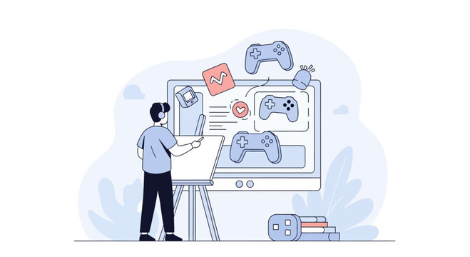Gamer choosing game controller on screen, virtual reality headset, game development concept