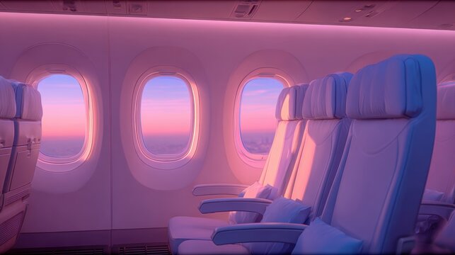 Travel trip journey. A vivid, highresolution photograph of an airplane interior shows a row of plush, white airplane seats facing three large, circular windows. The windows display a gradient of pink.