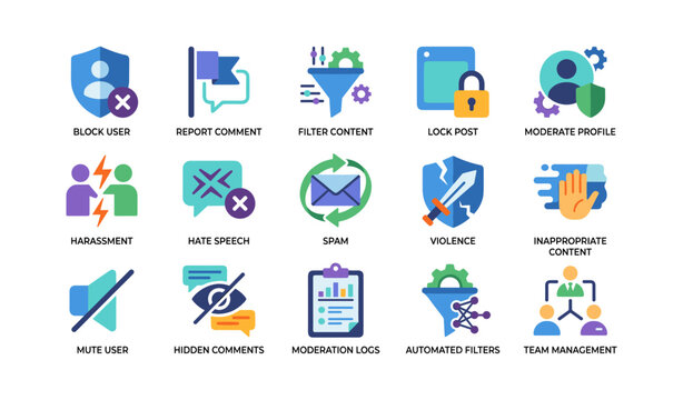Content moderation icons depicting actions and safety controls