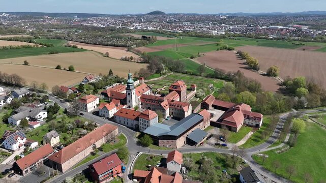 Aerial View Propstei Johannesberg, , Benedictine priory, district of Fulda in Hesse, Roman Catholic parish church of St. John the Baptist, Germany