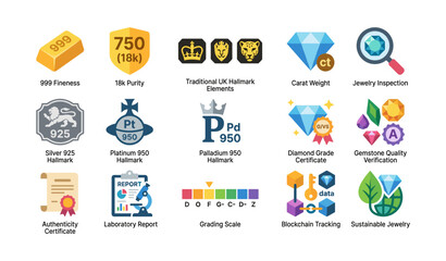 Fototapeta premium Jewelry certification and hallmark icons grid on white background