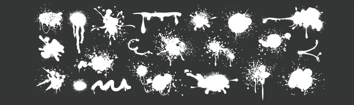 White paint splatter set isolated on black background for grunge design use. Abstract ink splash, drip, blot and spray textures with high contrast. Perfect for overlays, posters, street art, and creat