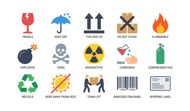 Packaging hazard icons arranged in grid on white background