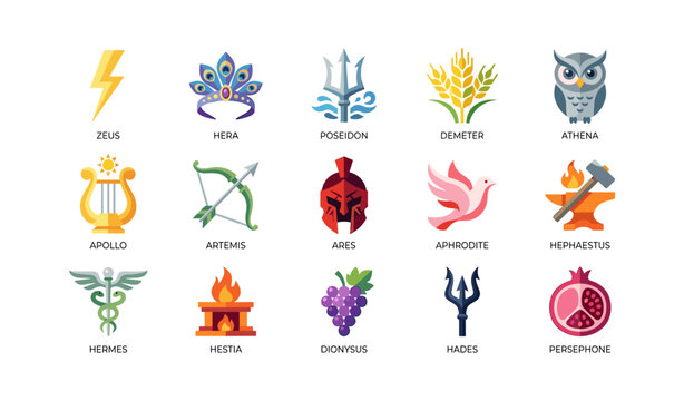 Greek gods icons depicting mythological deities in rows