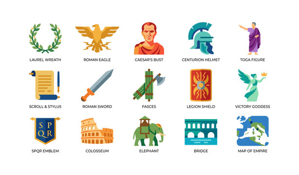 Roman empire icons depicting classical symbols on white background