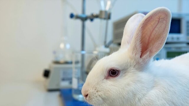 White rabbit in laboratory setting with scientific equipment and modern technology