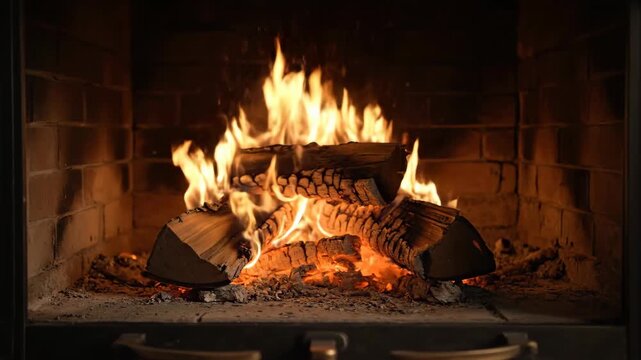 Warm and cozy fireplace with burning logs and bright flames, creating a comforting atmosphere.
