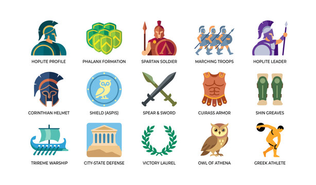 Ancient greek hoplite and symbols icons on white background