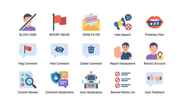 Content moderation and user control icons on white background