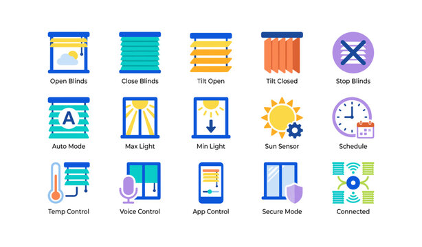 Window blind control icons set displayed in a grid on white
