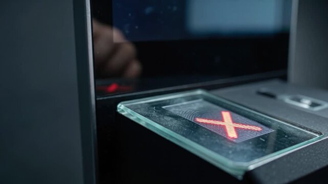 Finger Pressing Red Cross Button on Modern Digital Device in Soft Focus Background